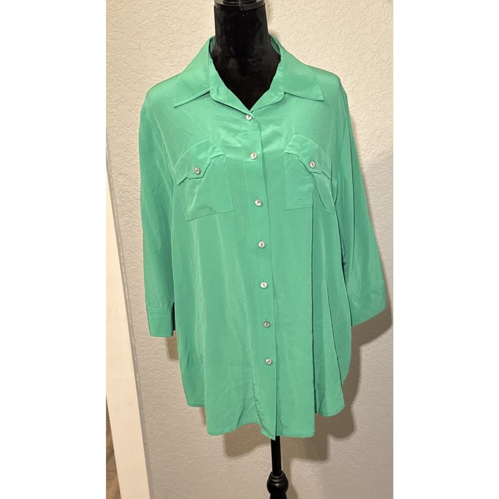 Soft Surroundings 100%‎ Silk Woman Shirt Green Tunic Sz Petite XL Kelly Green